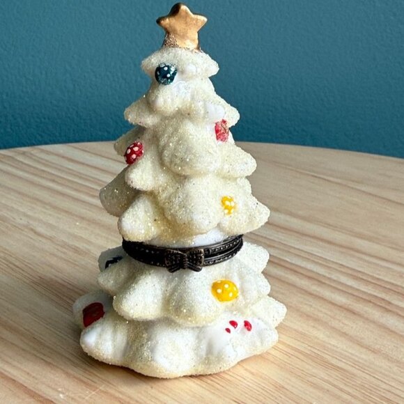 Vintage White Christmas Tree Trinket Box With Ornaments  Gold Star Glitter Keeps - Picture 2 of 10